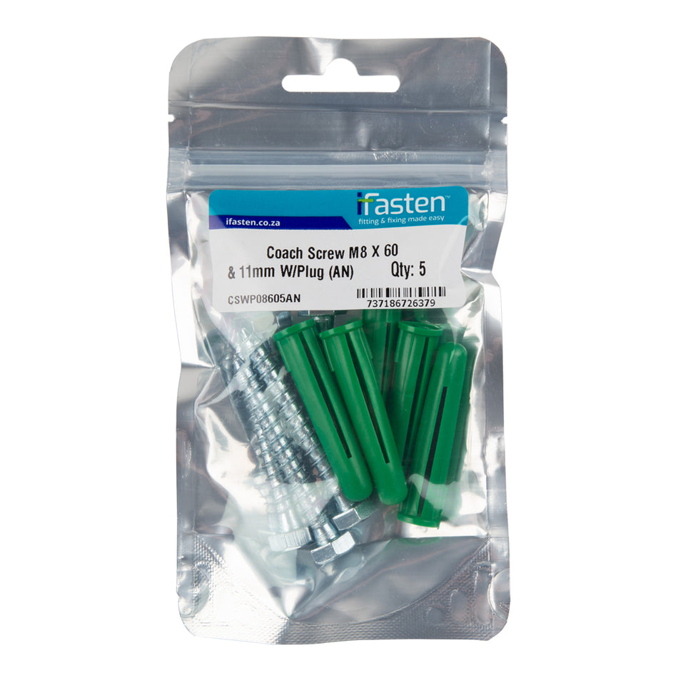 IFASTEN COACH SCREW M8 X 60MM & W/ PLUG GREEN 5 PP