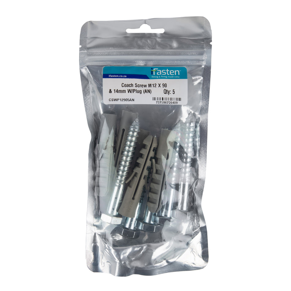 IFASTEN COACH SCREW M12 X 90MM & W/ PLUG GREY 5 PP