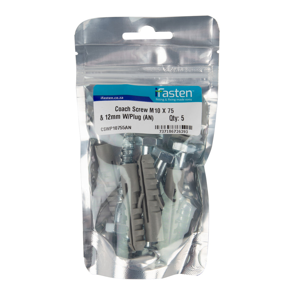 IFASTEN COACH SCREW M10 X 75MM & W/PLUG GREY 5 PP