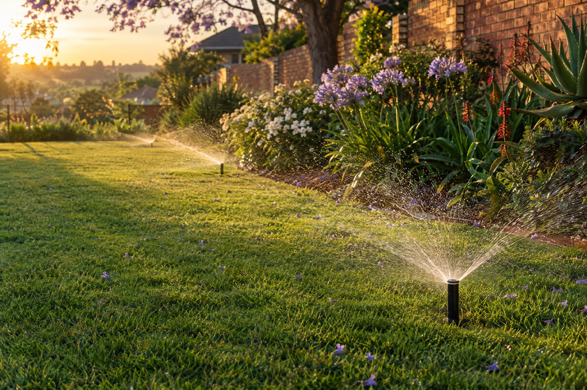 Pop-up sprinklers watering a green lawn at sunset